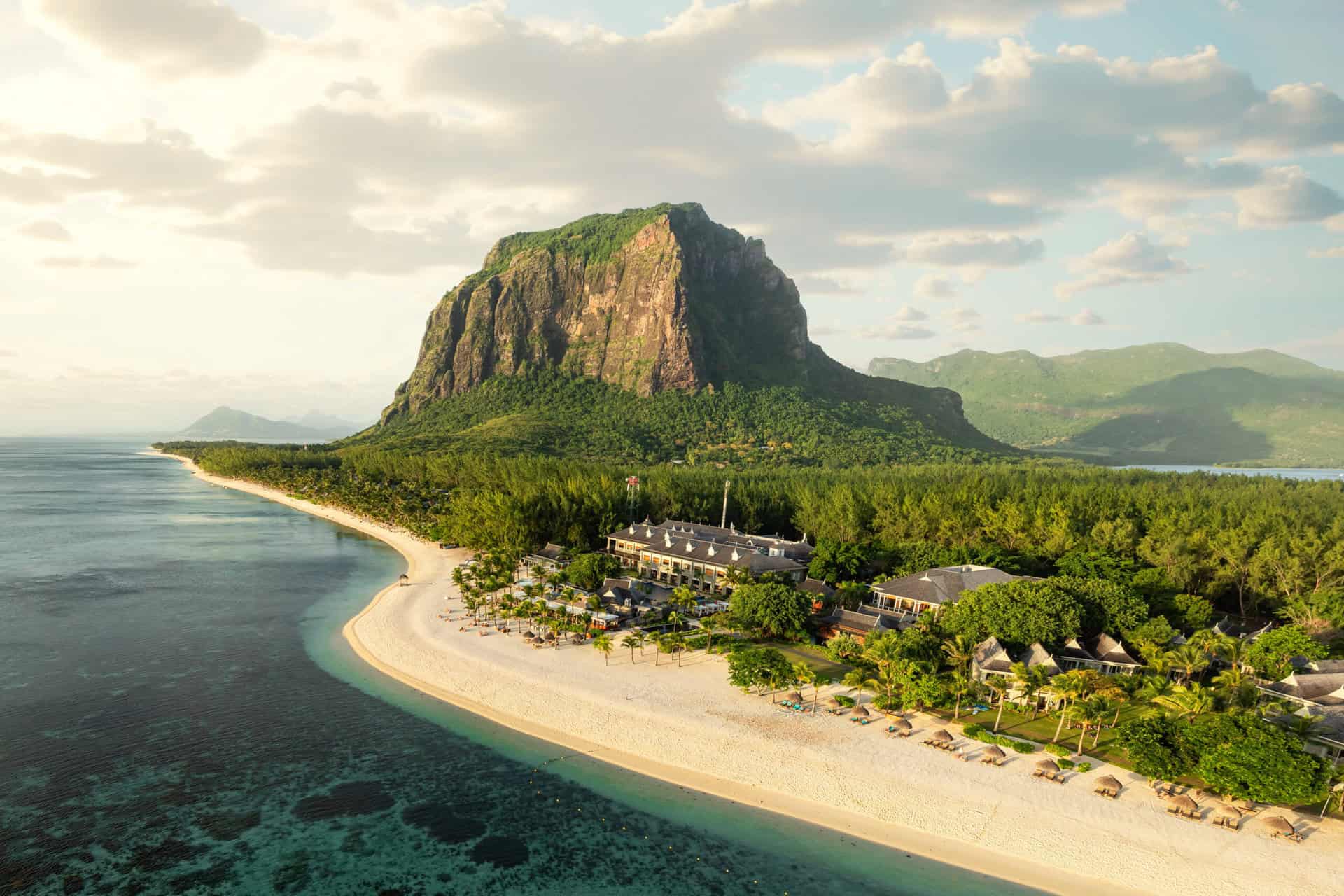 Le Morne peninsula and the St. Regis Mauritius on the lagoon