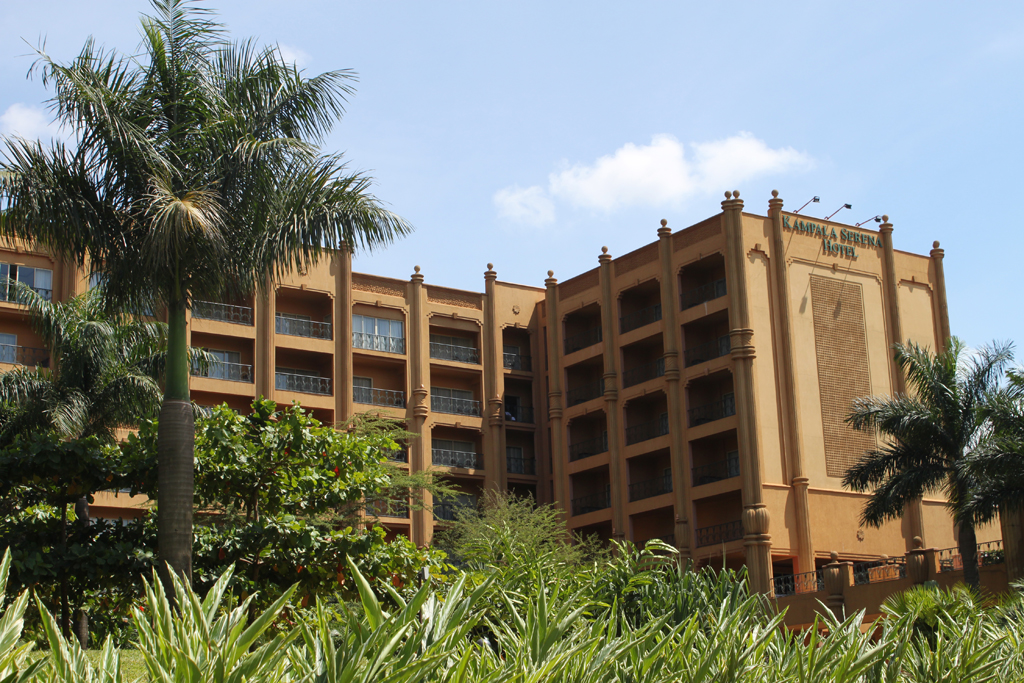 Kampala Serena Hotel — board and city venue before a Uganda forest chapter